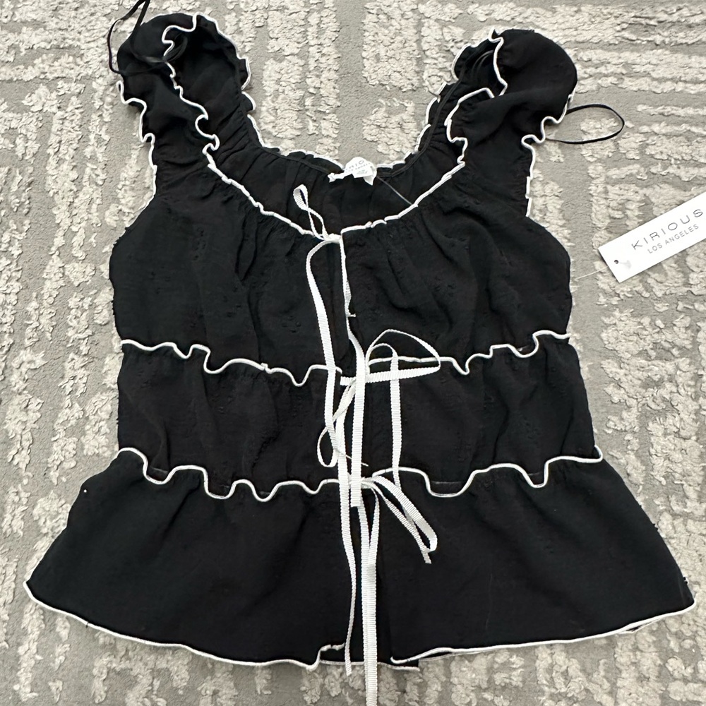 Black Ruffle Trim Top